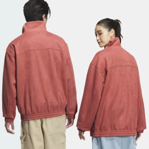 Adidas Tang red suede jacket with a sleek toggle closure for men and women.