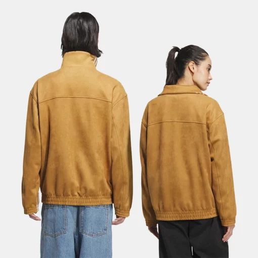 Adidas Tang mustard suede leather jacket with a stylish toggle closure.