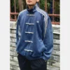 White Striped Adidas Blue Suede Jacket with Front Toggle Closure
