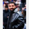 Turn-Down Collar Black Leather Jacket worn by Drake at the Warriors Game.
