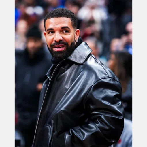 Turn-Down Collar Black Leather Jacket worn by Drake at the Warriors Game.