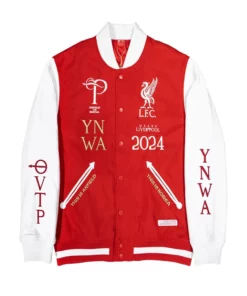 Liverpool FC varsity jacket in bold red and white with an Over the Pitch design.