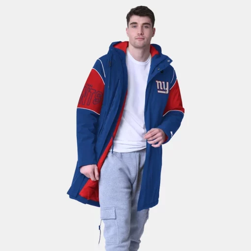 New York Giants Royal Blue Starter Polyfill Stadium jacket, featuring a long fit and full-zip design for game day comfort.