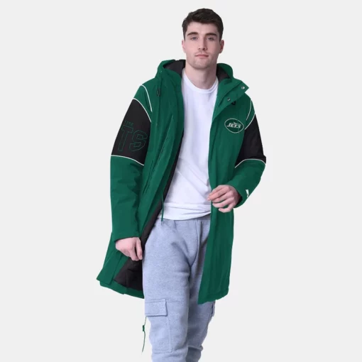 New York Jets Green Dynasty jacket with polyfill insulation, full-zip closure, and a long coat style.