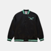 Mitchell & Ness Double Down Eagles Satin Bomber Jacket in Black with contrasting Green Detailing
