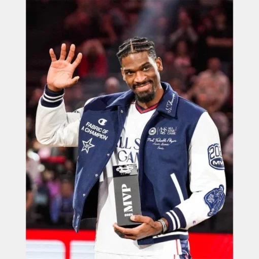 Shevon Thompson MVP Navy Blue and White Varsity Jacket with Multiple Logos on Sleeves