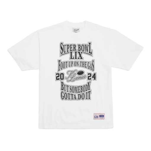 White Super Bowl LIX Foot Up On The Gas Logo T-Shirt for Kendrick Lamar fans