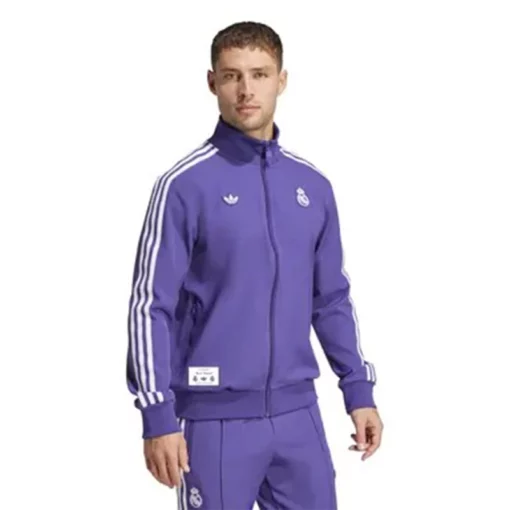 Unisex Adidas Terrace Icons tracksuit for Real Madrid fans in purple.
