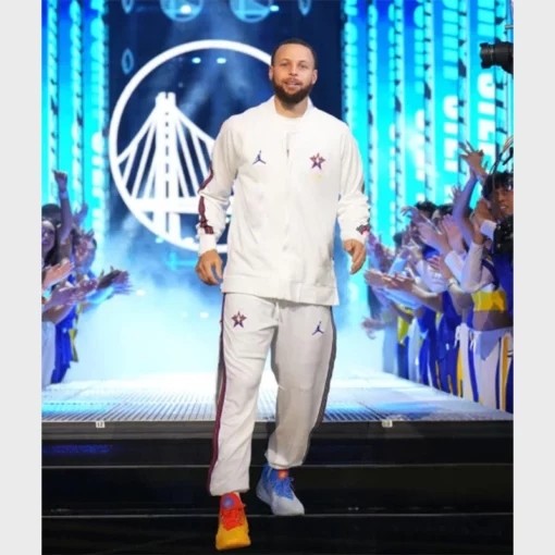 White full-zip jacket and matching pants set for a sporty, modern look.