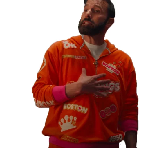 Sporty and fun DunKings tracksuit in bright orange, perfect for making a statement with its energetic Dunkin’ Donuts design