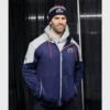 Navy and gray full-zip hoodie with ribbed cuffs and hem for a snug fit.