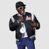 Flavor Flav Black Super Bowl Varsity Jacket with White Stripes.