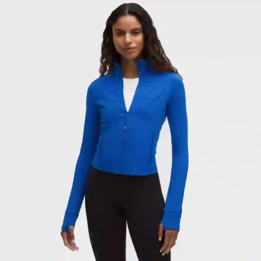 Women's cropped outerwear from Lululemon's Define line, rendered in a deep, vibrant galactic cobalt blue.
