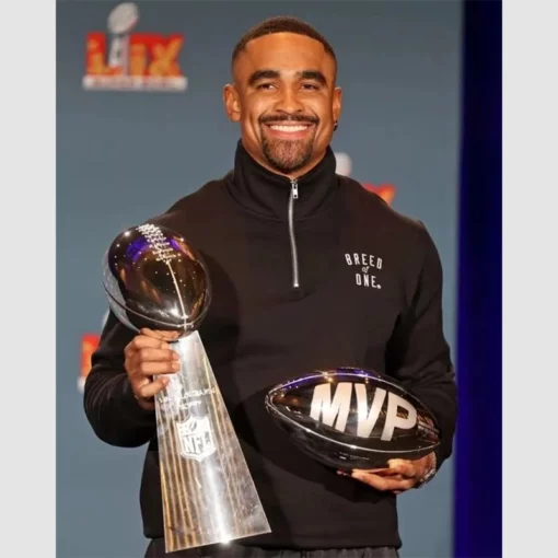 Jalen Hurts Jacket in Black with Breed of One logo at the chest.