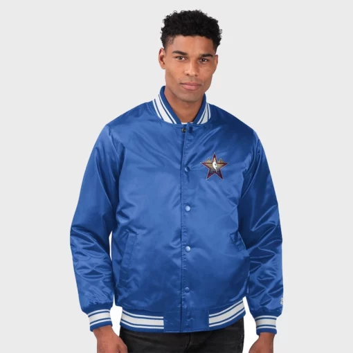 Front view of the NBA All-Star Game Starter Royal Satin Varsity Jacket with bold team graphics.