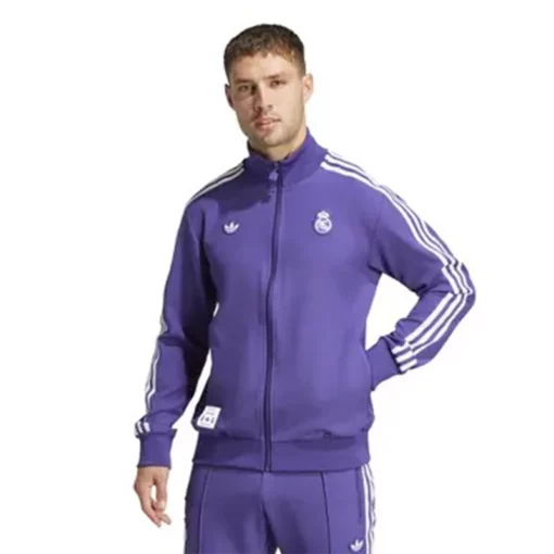 Sporty purple tracksuit with Real Madrid 24/25 Terrace Icons design.