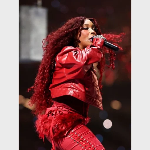 SZA's red leather bomber jacket featuring "Crybaby" on the back, highlighted in her Super Bowl LIX performance attire.