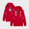 Scuderia Ferrari HP 2025 Team red fleece pullover hoodie with multiple logos.