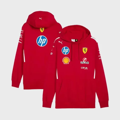 Scuderia Ferrari HP 2025 Team red fleece pullover hoodie with multiple logos.
