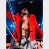 Laid-flat red fur jacket showcasing its plush texture and premium design.