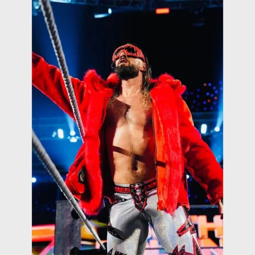 Laid-flat red fur jacket showcasing its plush texture and premium design.