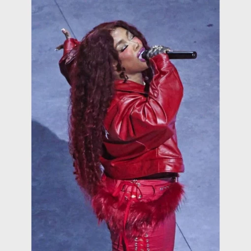 SZA's bold red leather jacket in cropped style showcased during her Halftime performance at Super Bowl LIX.