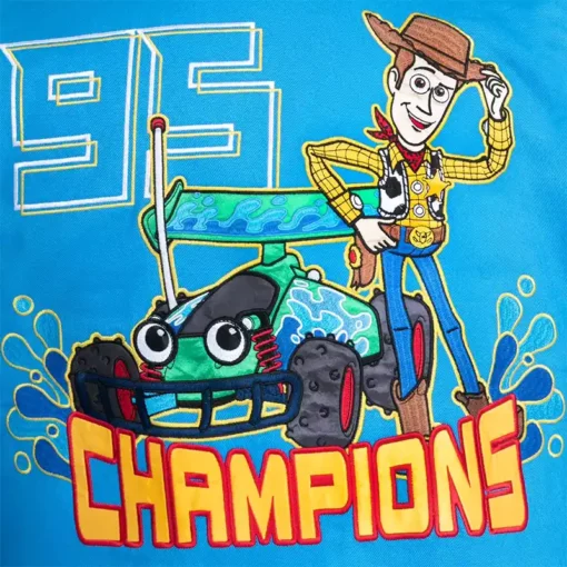 Vibrant black and blue Toy Story Racing jacket featuring Woody and RC-inspired graphics.