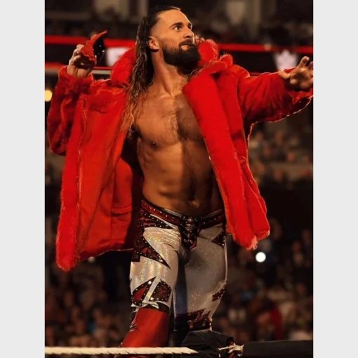 Close-up of the plush red fur texture on the Seth Rollins WWE jacket.