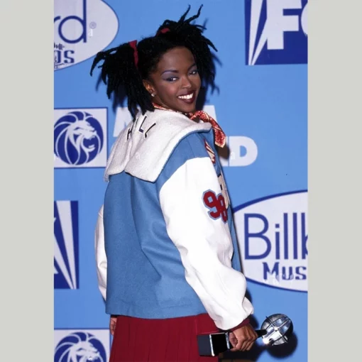 Premium wool and leather varsity jacket, a tribute to Lauryn Hill’s iconic look at the 1998 Billboard Music Awards.