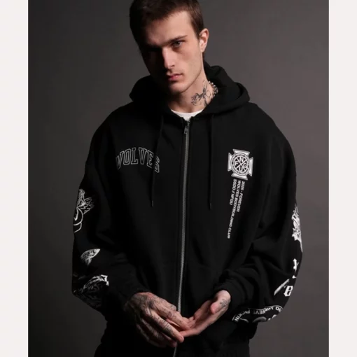 Black Darc Sport hoodie with a full-zip closure and detailed graphic prints.
