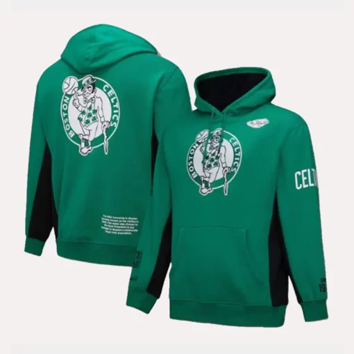 Boston Celtics fleece pullover hoodie, showcasing its high-quality stitching and Mitchell & Ness branding.