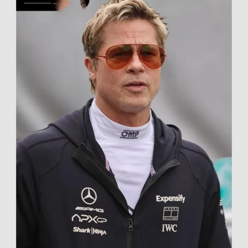 Black zip-up hoodie jacket inspired by Brad Pitt’s Formula 1 film look.