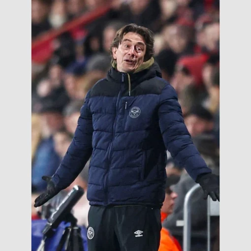 Thomas Frank-inspired blue puffer jacket, a must-have for Brentford supporters.