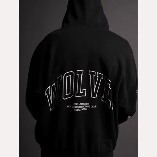 Stylish and comfortable black hoodie with unique Wolves On Our Sleeve artwork.