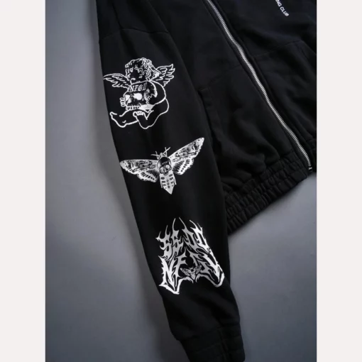 Darc Sport Wolves On Our Sleeve black zip hoodie featuring bold sleeve graphics.