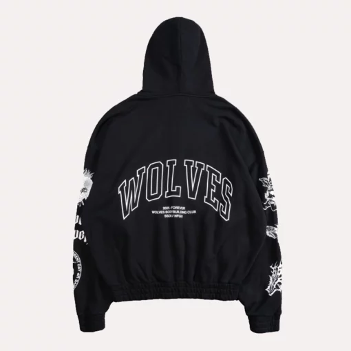 High-quality fleece hoodie with a full-length zipper and eye-catching sleeve graphics.