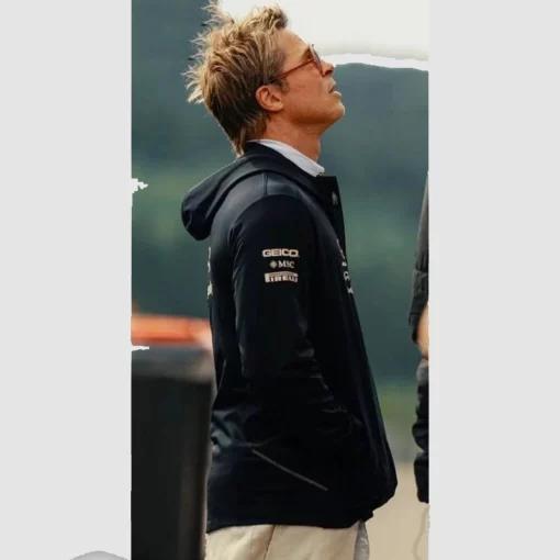 APX GP-inspired black zip-up hoodie jacket with multiple brand logos
