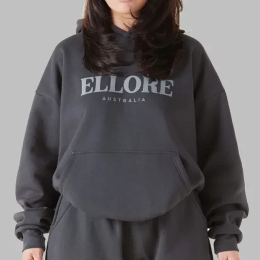 Front view of the grey Ellore Australia oversized hoodie, featuring a soft fabric and minimalist branding.