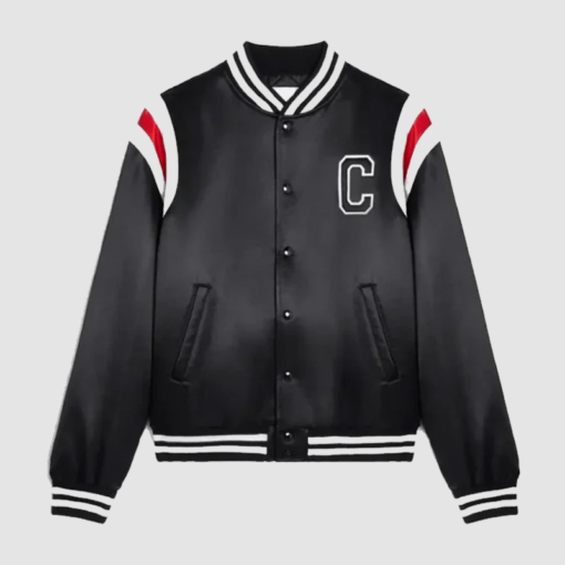 Celine Black Varsity Jacket with Red and White Stripes