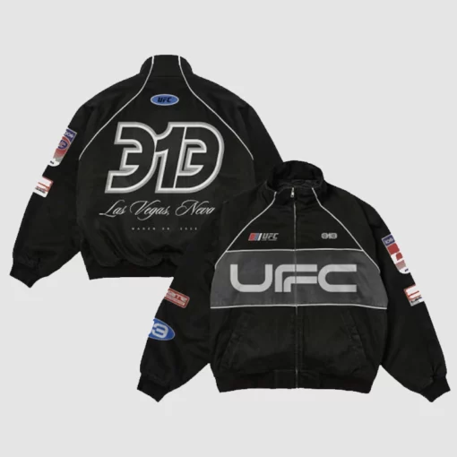 Full-zip black UFC jacket combining function, comfort, and athletic appeal.