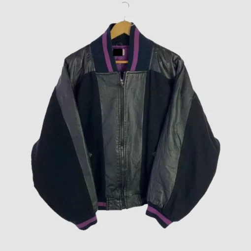 Power Book III Black Leather Bomber Jacket and Purple Rib Detailing