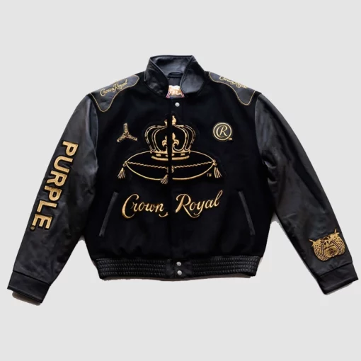 Black Crown Royal x Purple Brand Varsity Jacket with Contrasting Golden Detailing
