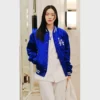 Luxurious blue satin varsity jacket celebrating the LA Dodgers in Tokyo 2025