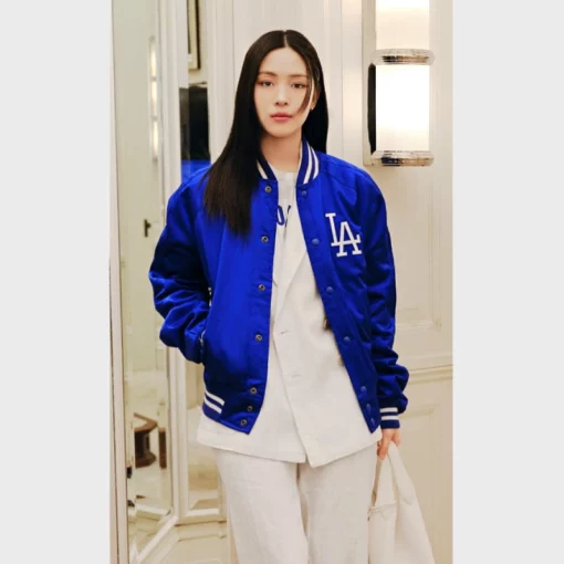 Luxurious blue satin varsity jacket celebrating the LA Dodgers in Tokyo 2025