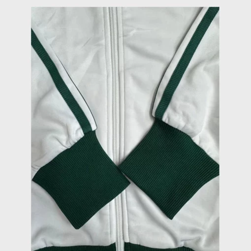 Close-up of the front design, showing the Green Ribbed Cuffs on Sleeves