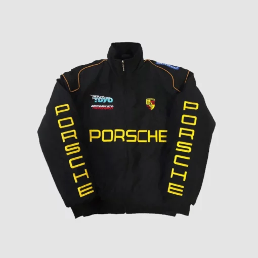 Motorsport-inspired Porsche F1 jacket in classic black with retro accents.