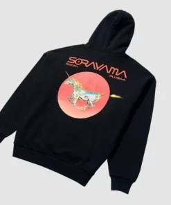 Artistic Suzuka Unicorn hoodie in black, a +44 x Hajime Sorayama piece.