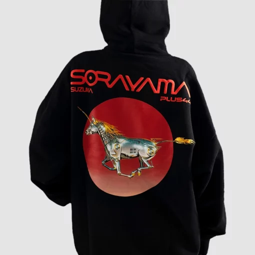 Unisex black hoodie from +44 with Sorayama’s signature artwork.