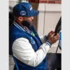 Blue and white Seattle Seahawks varsity jacket celebrating 50 years.