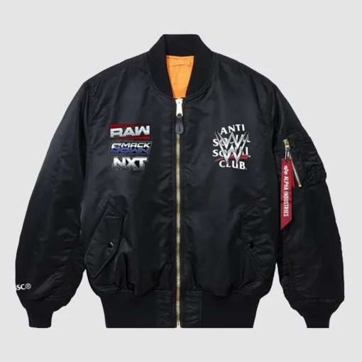 Black bomber jacket from ASSC x WWE Venue collab.